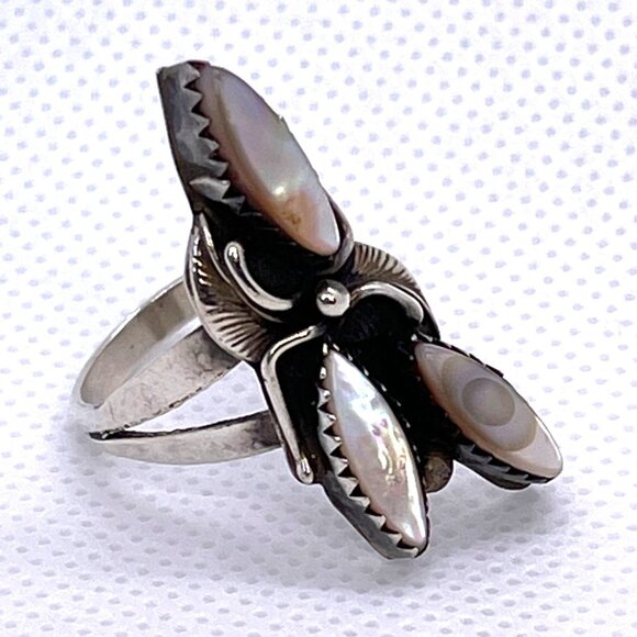 Native American Statement Signed LW Silver Mother Of Pearl Shell Ring Sz 5.5 VTG - Picture 12 of 16